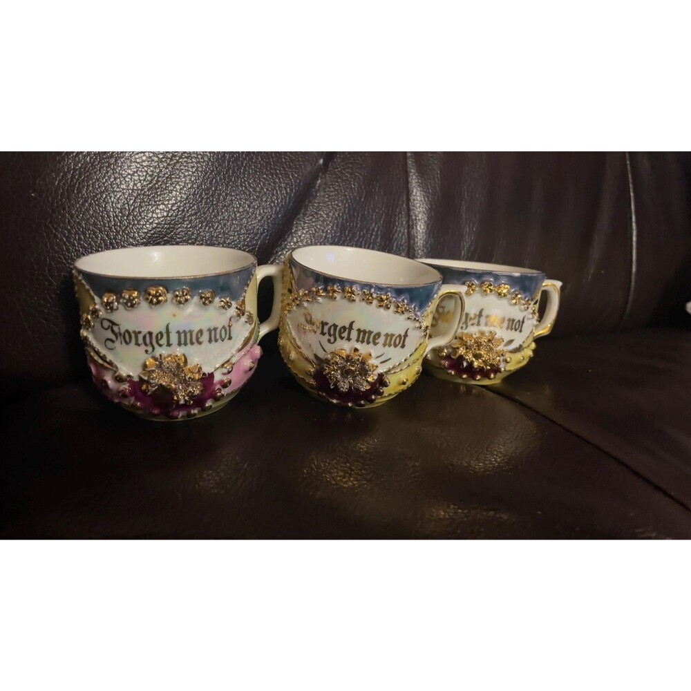 Vintage German Lusterware “Forget Me Not” 3 Teacups Iridescent Porcelain Cups